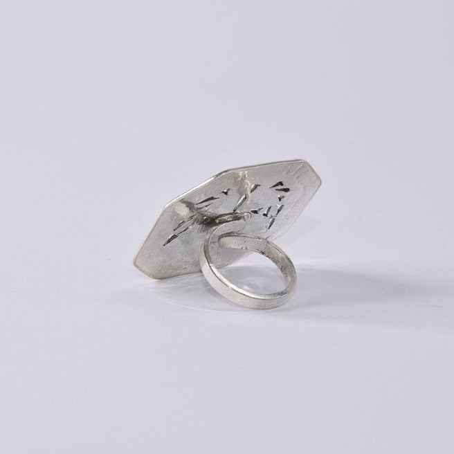 Adjustable Octagone Sterling Silver Ring with Twin-Fish Engraving