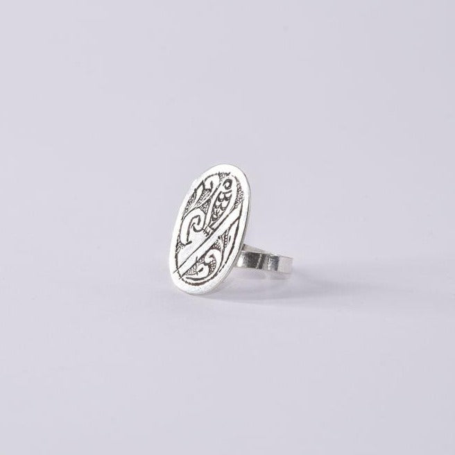 Adjustable Oval Sterling Silver Ring with Hey Fish Engraving