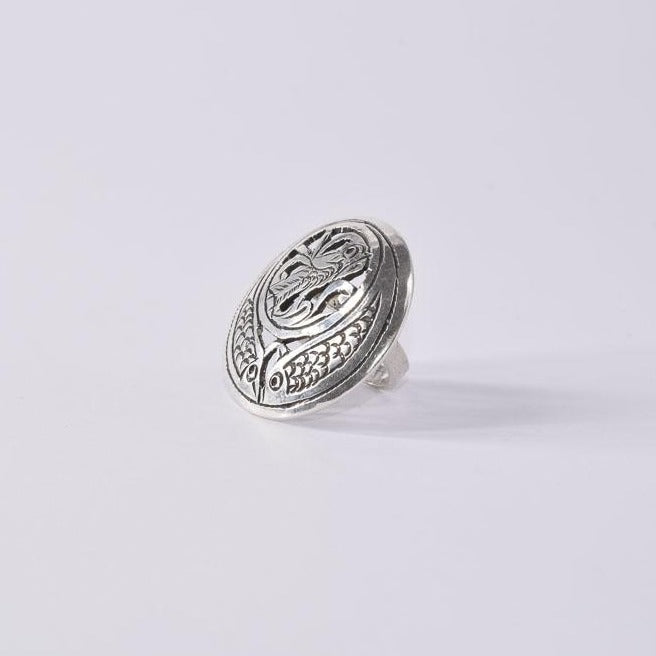 Big Round Dove Twin Fish Carved Sterling Silver Ring