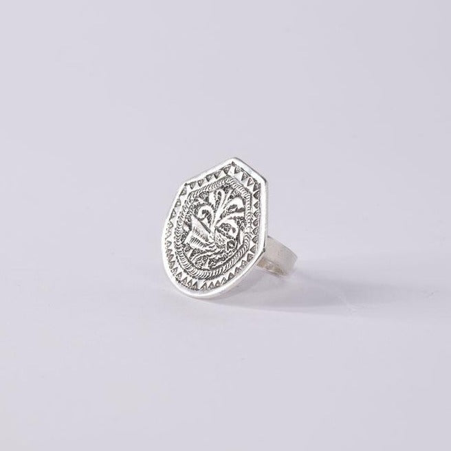 Adjustable Sterling Silver Octagone Ring with Pigeon Engraving