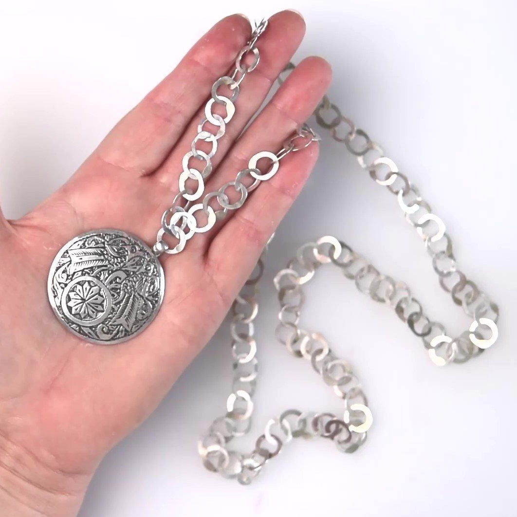 Round Rayhana Necklace ~ Silver Link Chain ~ Hammered Metal Necklace