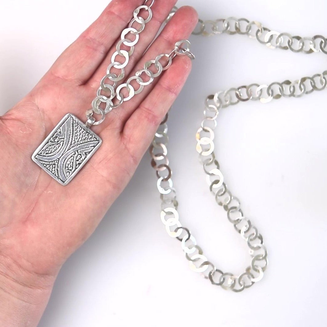 Rectangle Necklace Silver Link Chain Hammered Metal Necklace