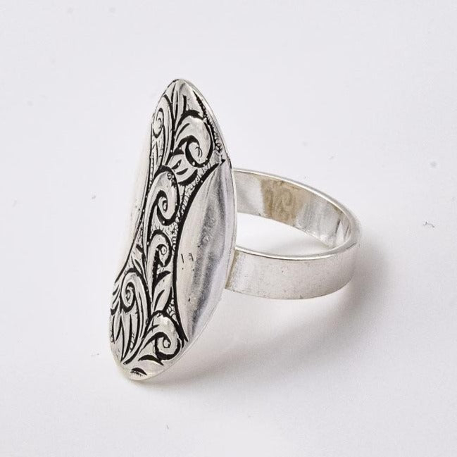 Sterling Silver Floral Oval Ring with Petal Engraving
