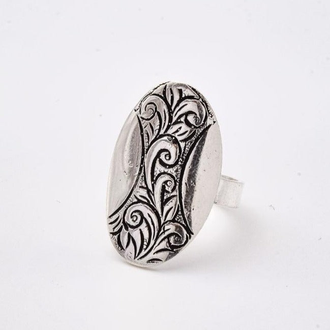 Sterling Silver Floral Oval Ring with Petal Engraving