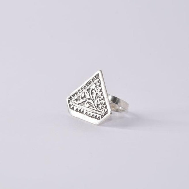Adjustable Sterling Silver Trillion Shaped Ring with Dove Tale Engraving