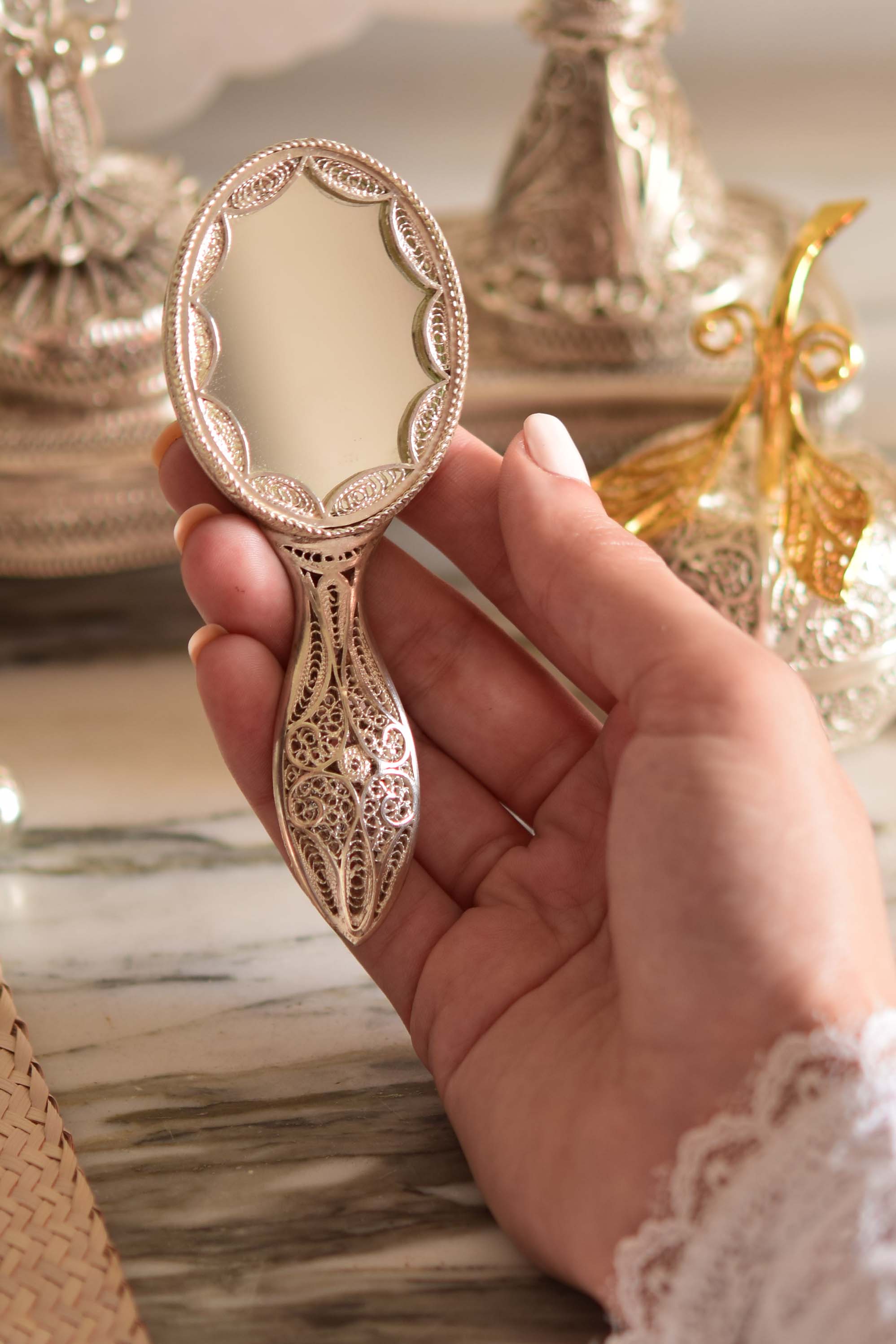 Filigreed Silver Hand Mirror, Pocket Mirror – barkastore.com