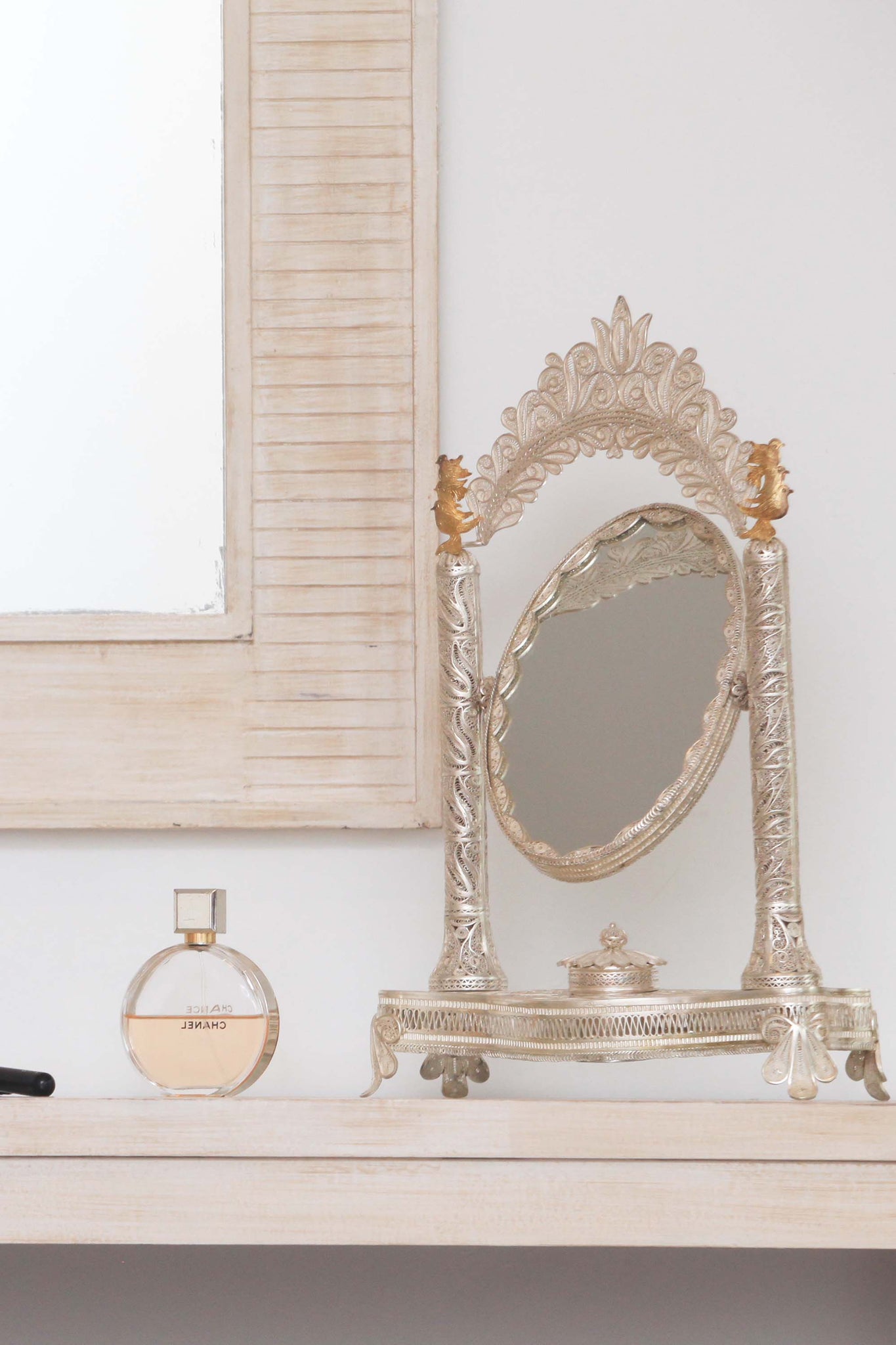 Filigreed-silver Swing Mirror with Gold Accents