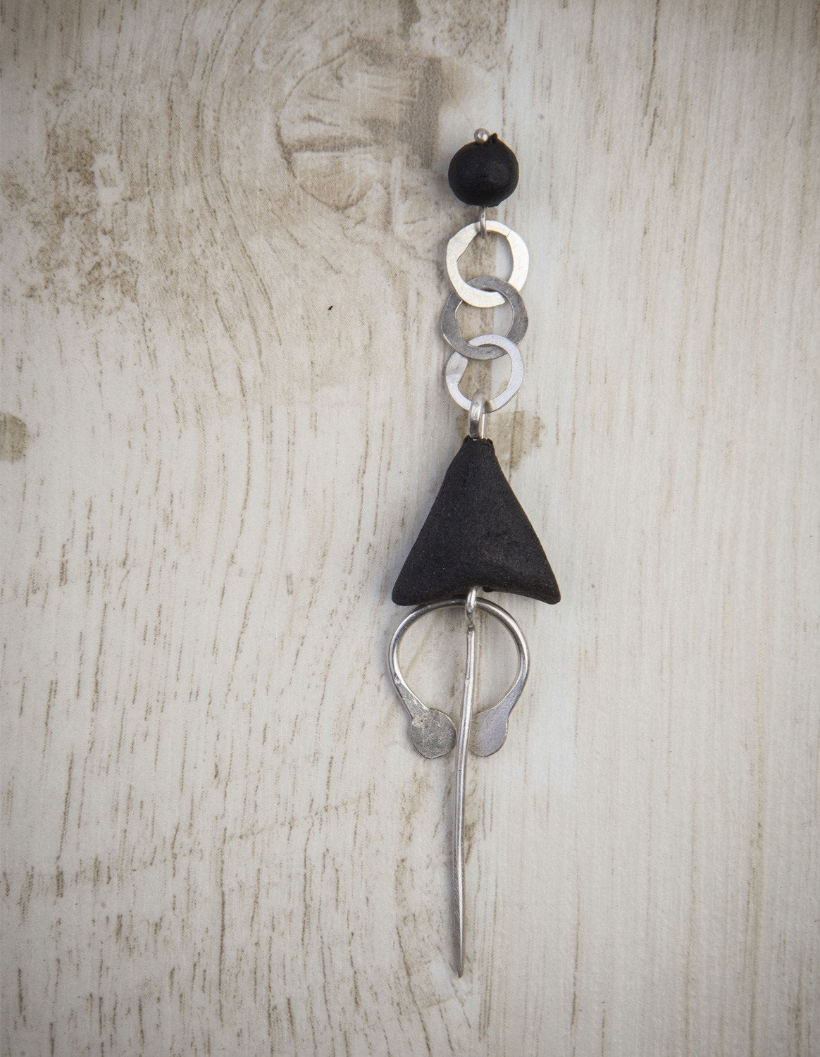 Women's Brooch ~ Black Triangle Stone Pin ~ Silver Link Chain Pin ~